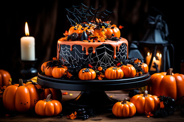  A cake decorated for halloween with spiders, pumpkins and witch hat. Generative AI