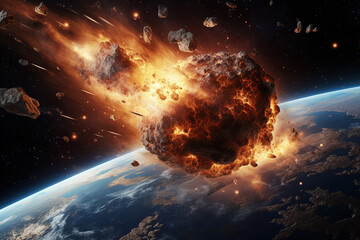 massive asteroid hurtling towards Earth, with flames and destruction in its wake, generative ai 