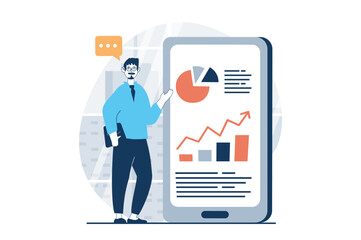 Obraz na płótnie Canvas Data science concept with people scene in flat design for web. Man works with charts and graphs, researching information in mobile app. Vector illustration for social media banner, marketing material.