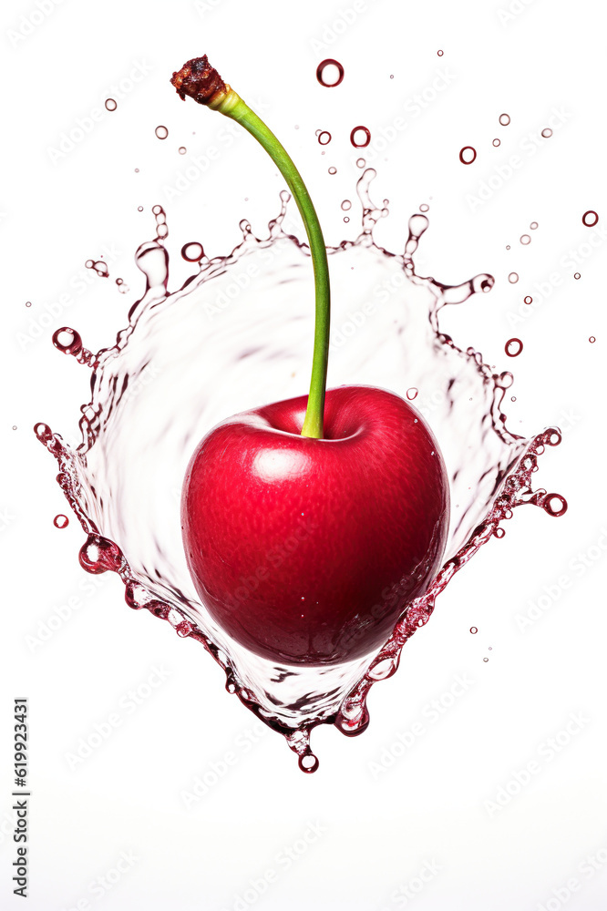 Poster a cherry with water splashes around it. generative ai.