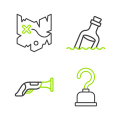 Set line Pirate hook, Vintage pistol, Bottle with message water and treasure map icon. Vector