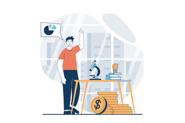 Data science concept with people scene in flat design for web. Man scientist working with microscope, creating financial diagrams. Vector illustration for social media banner, marketing material.