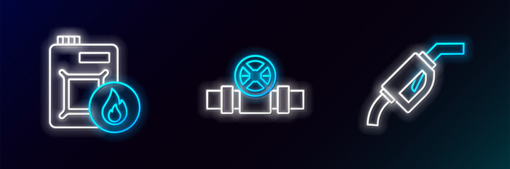 Set line Gasoline pump nozzle, Canister for motor oil and Metallic pipes and valve icon. Glowing neon. Vector