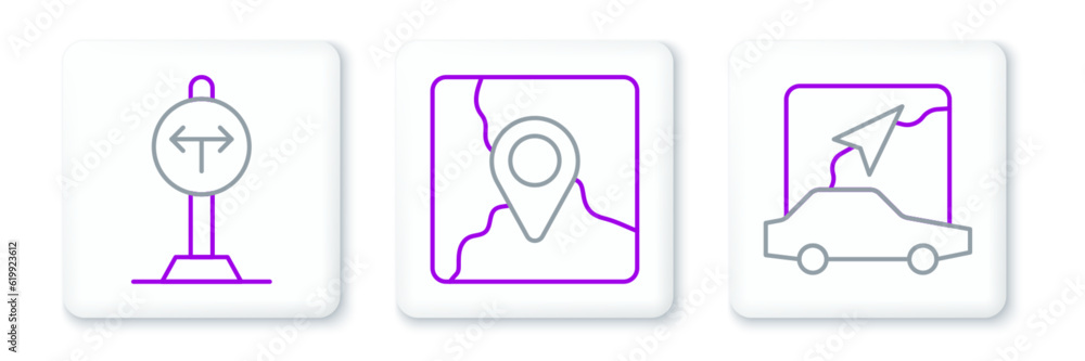 Poster set line city map navigation, fork in the road and folded with location marker icon. vector