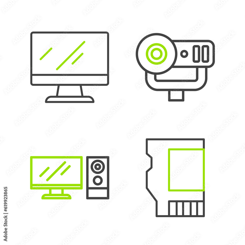 Poster set line sd card, computer monitor, web camera and screen icon. vector