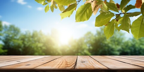 wooden board table foreground with leaves and nature landscape, summer spring, Generative Ai