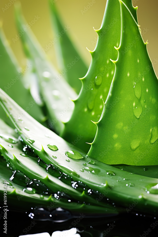 Poster a close up of an aloe vera with water splashing on it. generative ai.