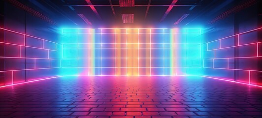 empty room with neon light glow in dark room, pink blue yellow, idea for background, backdrop, mock up, Generative Ai