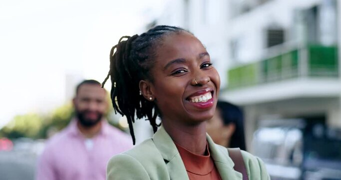 Smile, entrepreneur and portrait of black woman employee commute or travel in a city or urban town for work. Confident, happy and young female person, business or worker ready with a positive mindset