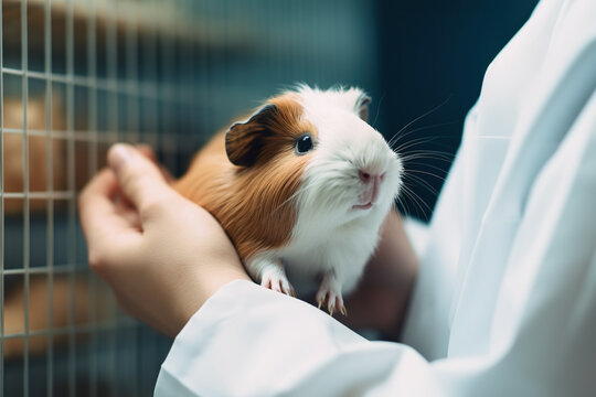 Veterinarian, an animal doctor checking a guinea pig at a vet clinic, AI generative image.