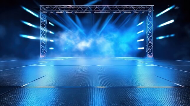 blue spotlights shine on stage floor in dark room, idea for background, backdrop, mock up, Generative Ai