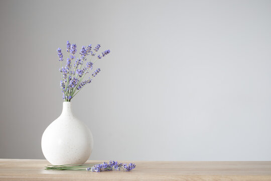 lavender flowers in ceramic vase on gray background