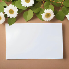 Top view  on white paper sheet  with flowers. Background template. AI