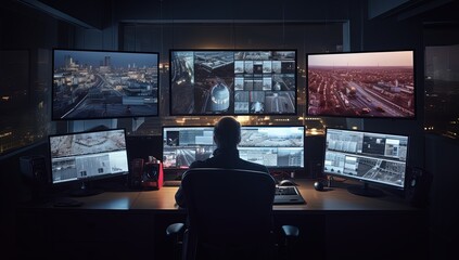 Naklejka premium cyber security center or cctv room with staff monitoring on screen, Generative Ai
