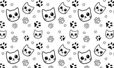 Cats seamless vector pattern with hearts. Cute hand drawn kitten faces. 