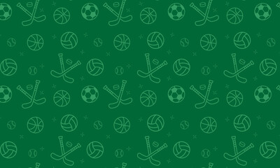 Seamless pattern with sport equipment. green background