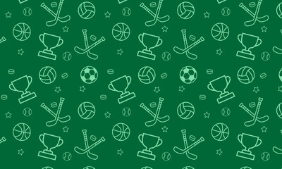 Seamless pattern with sport equipment. green background