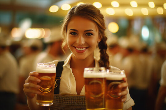 Oktoberfest young woman, waitress holding beer, Generative AI
