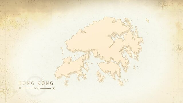 Map of Hong Kong in the old style, brown graphics in retro fantasy style, perfect for intro or video presentation. High quality 4K video.