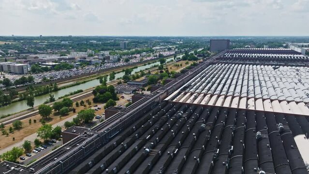 Drone shot of The Wolfsburg Volkswagen Factory , Wolfsburg , Germany  . The Wolfsburg Volkswagen Factory is the worldwide headquarters of the Volkswagen Group, and one of the largest manufacturing pla