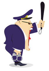 Cartoon police officer.
Shouting policeman with truncheon and handcuff
