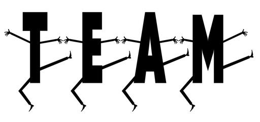 Business. Team work in business concept. 
Happy dancing letters T, E, A, M. Black and white illustration
