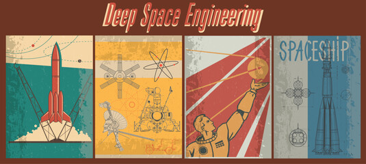 Spaceship Retro Futurism Style Drawing Posters Set. Spacecraft Engineering Vintage Illustrations 