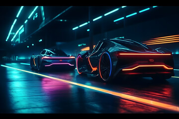 futuristic car race with neon effect ,generative ai