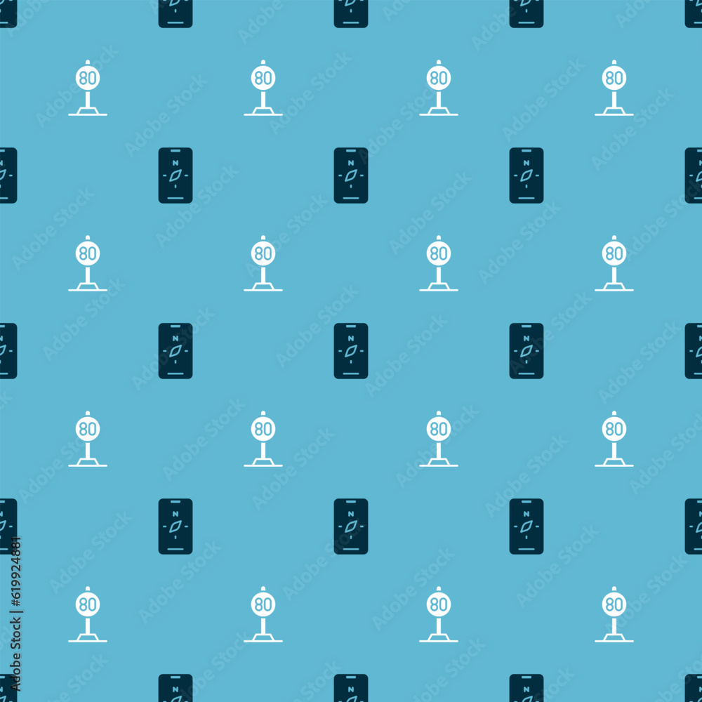 Poster set compass on mobile and speed limit traffic on seamless pattern. vector