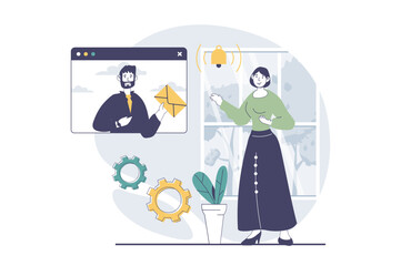 Email service concept with people scene in flat design for web. Man sends electronic letter and woman receives an inbox notification. Vector illustration for social media banner, marketing material.