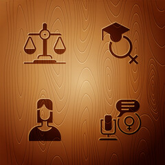 Set Microphone, Gender equality, Female and Teacher on wooden background. Vector