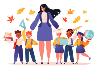 Back to school theme with group of joyful schoolchildren, elementary school children and young smiling female teacher. Autumn first days of school, preschool, company of friendly classmates.