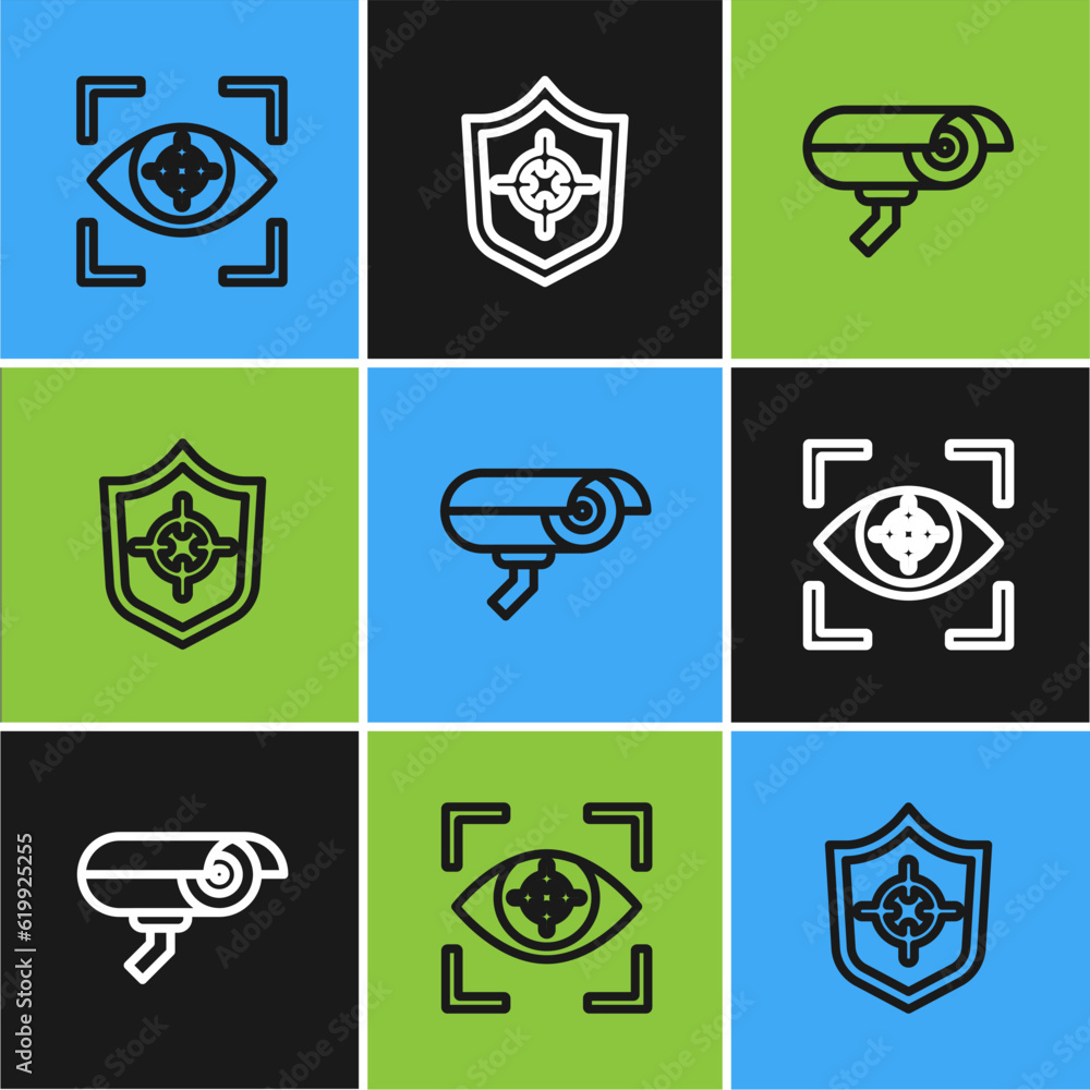 Poster set line eye scan, security camera and shield icon. vector