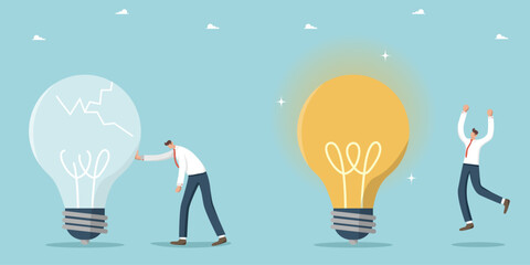 Found a brilliant idea for starting business or solving problem, brainstorming for finding successful strategy or growth plan, upset man near broken light bulb and happy man near a glowing light bulb.