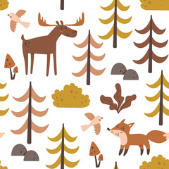 Forest seamless pattern. Deer and fox between trees isolated on white background. Square repeat pattern design. Vector illustration.