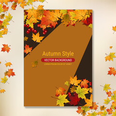 Autumn flyer with colorful leaves, banner, booklet, poster, placard, mockup, brochure cover vector template. A4 format