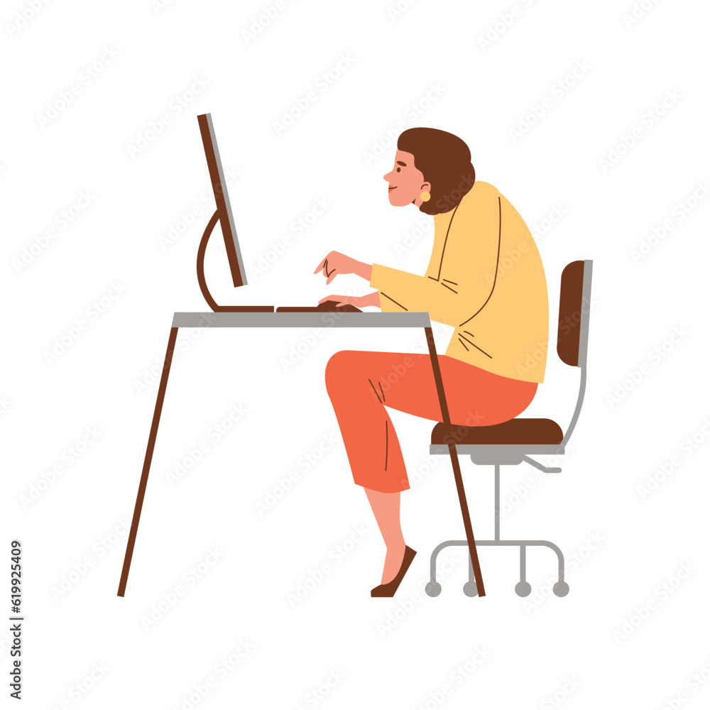 Wall mural Smiling woman sitting slumped at computer flat style, vector illustration