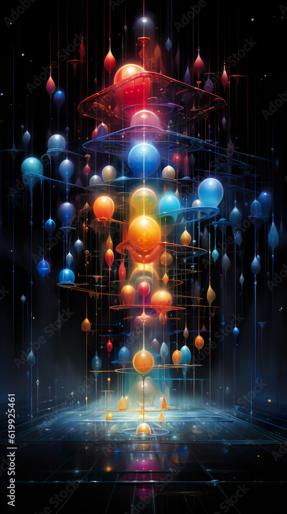 Poster a group of spheres floating in a dark room. generative ai.