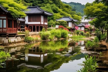 Obraz premium Serene Korean Temple Village Reflecting in Calm Pond