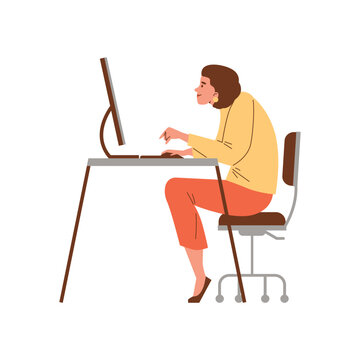 Smiling woman sitting slumped at computer flat style, vector illustration