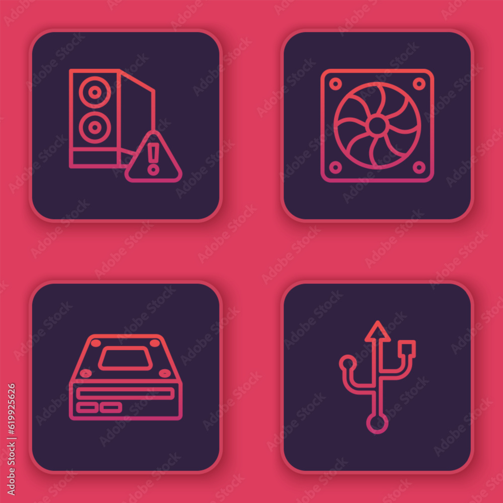 Poster set line case of computer, optical disc drive, computer cooler and usb. blue square button. vector