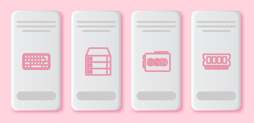 Set line Keyboard, Server, Data, Web Hosting, SSD card and RAM, random access memory. White rectangle button. Vector