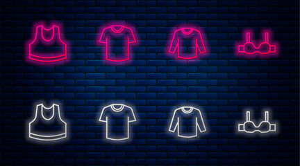 Set line T-shirt, Sweater, Undershirt and Bra. Glowing neon icon on brick wall. Vector