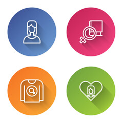 Set line Female, Book about women, Feminist shirt and Heart with female. Color circle button. Vector