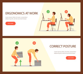 Vector set of posture rules instruction, correct and incorrect poses spine when woman sitting at computer and lifting object - obrazy, fototapety, plakaty