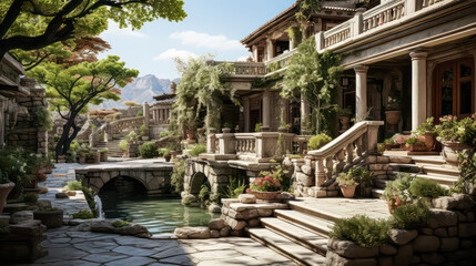 3D render Antique Roman Home and Garden, relaxation Creating a Harmonious Fusion of Outdoor Spaces