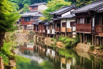 Obraz premium Serene Canalside Village: Traditional Japanese Houses & Lush Greenery Reflections