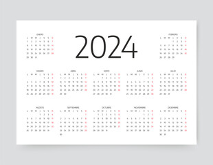 2024 Spanish calendar. Week starts Monday. Template pocket or wall Spain calenders. Desk organizer with 12 month. Landscape horizontal orientation. Vector illustration. Yearly grid. Modern design.
