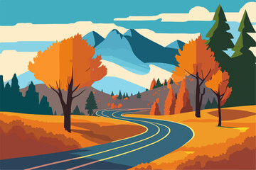 Landscape of mountain empty road in autumn with stones, pines, bushes, orange, trees and mountains. Flat colorful vector illustration