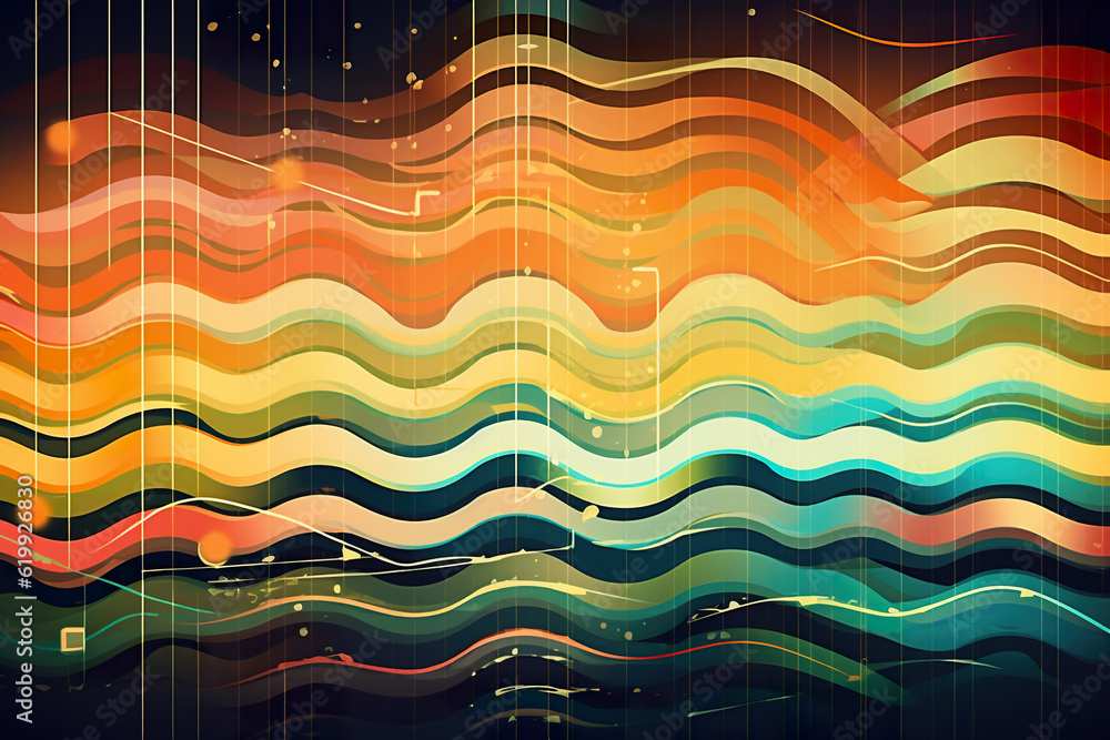 Poster a painting of a colorful wave pattern on a black background. generative ai.